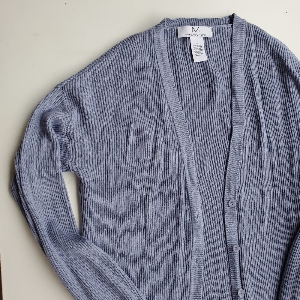 Magaschoni Small Cardigan Sky Blue Open Front Button Sweater Cashmere Cotton Mix